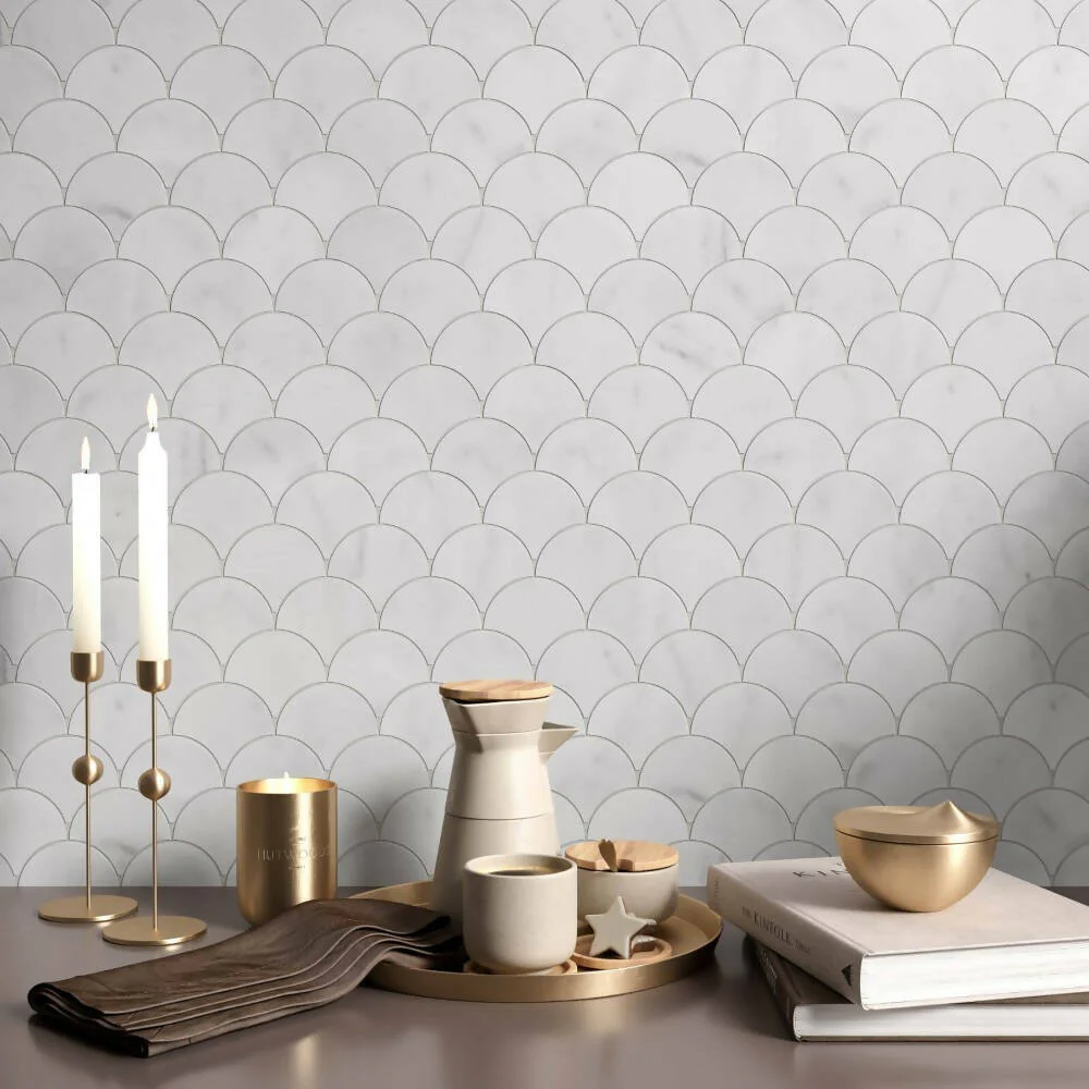 CARRARA WHITE SCALLOP SHELL MARBLE MOSAIC TILES